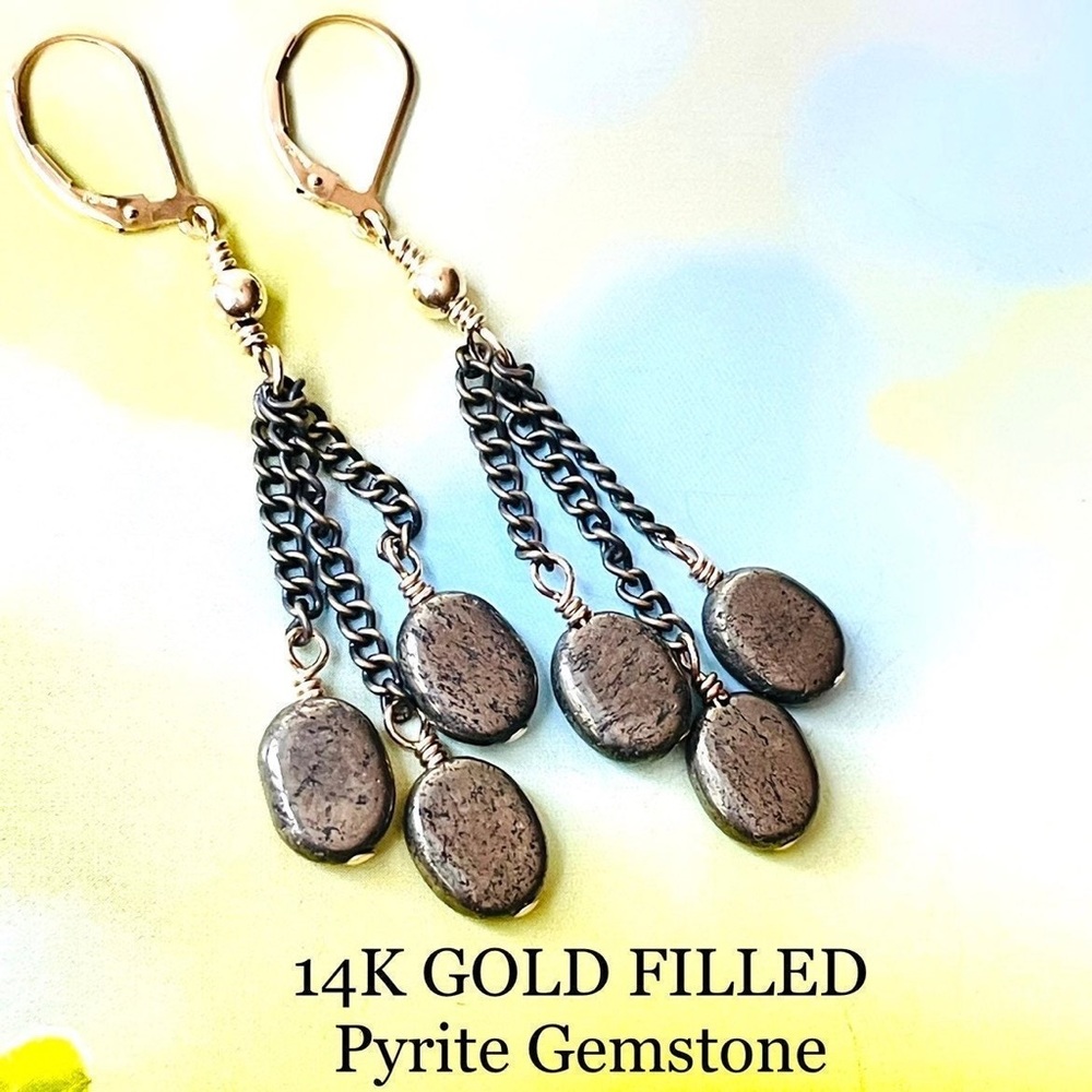 14K 1/20 GOLD FILLED DROP EARRINGS GOLD FILLED PYRITE GEMSTONE